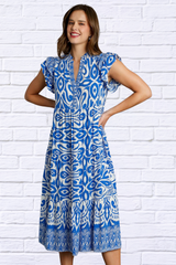 Umgee Full Size Blue and White Two Tone Border Print Ruffle Cap Sleeve Midi Dress Plus Size