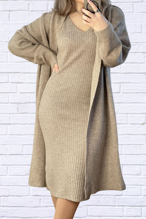 Neck Cami Dress and Open Front Cardigan Sweater Set