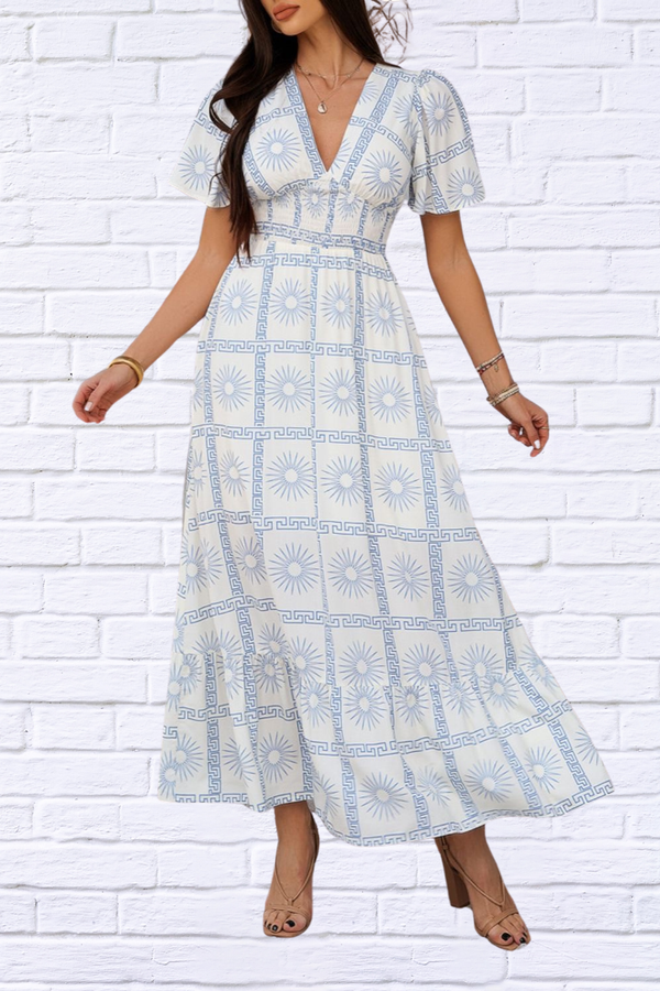 Smocked Printed V-Neck Short Sleeve Maxi Dress