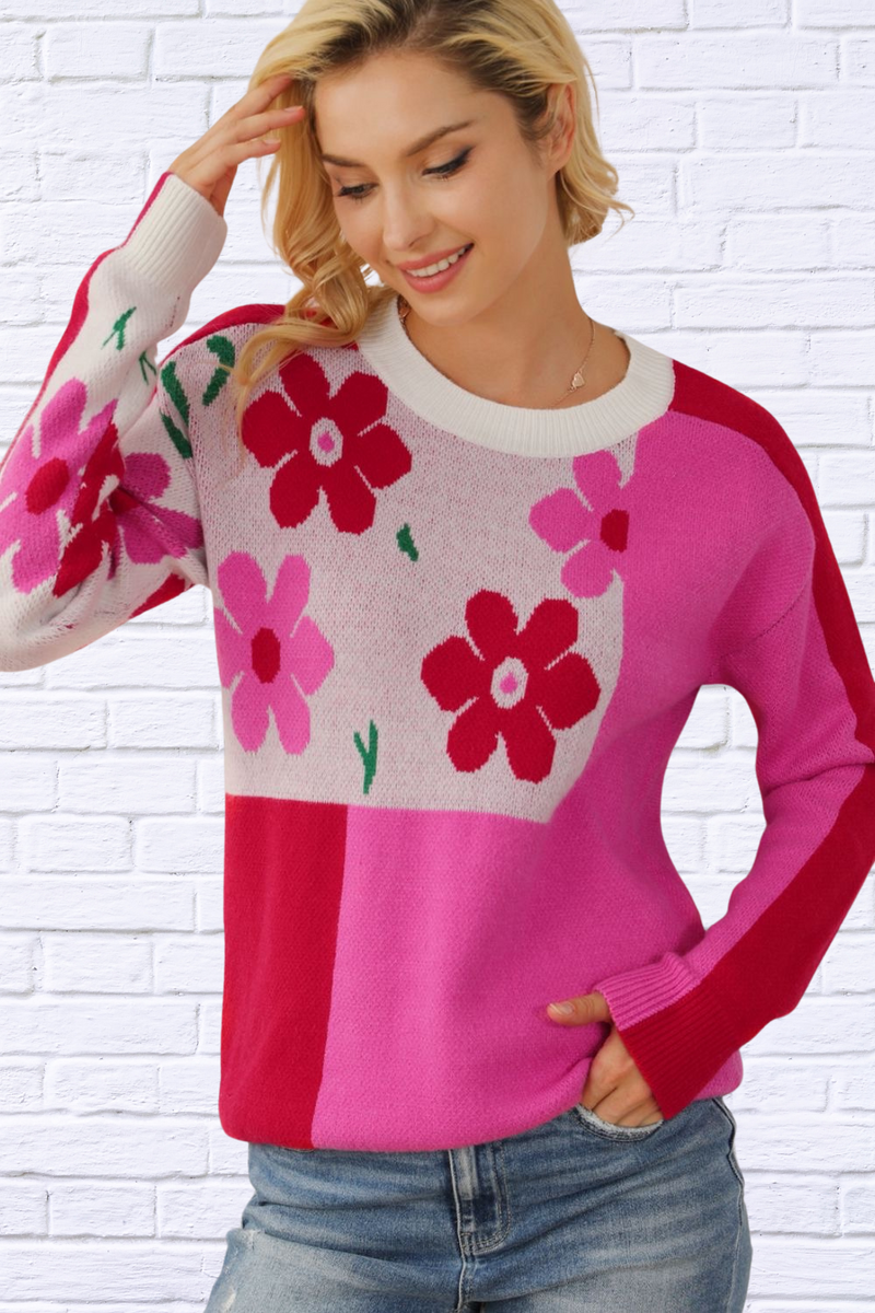 Flower Color Block Round Neck Sweater