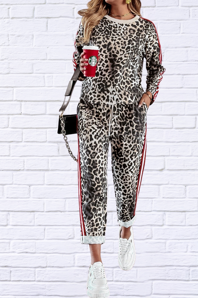 Leopard Round Neck Long Sleeve Top and Pants Set