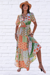 Smocked Printed V-Neck Short Sleeve Maxi Dress