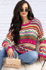 Openwork Contrast Round Neck Flare Sleeve Knit Top