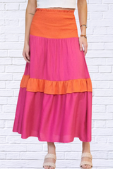 Hot Pink and Orange ColourBlock Smocked Ruffle  Maxi Skirt