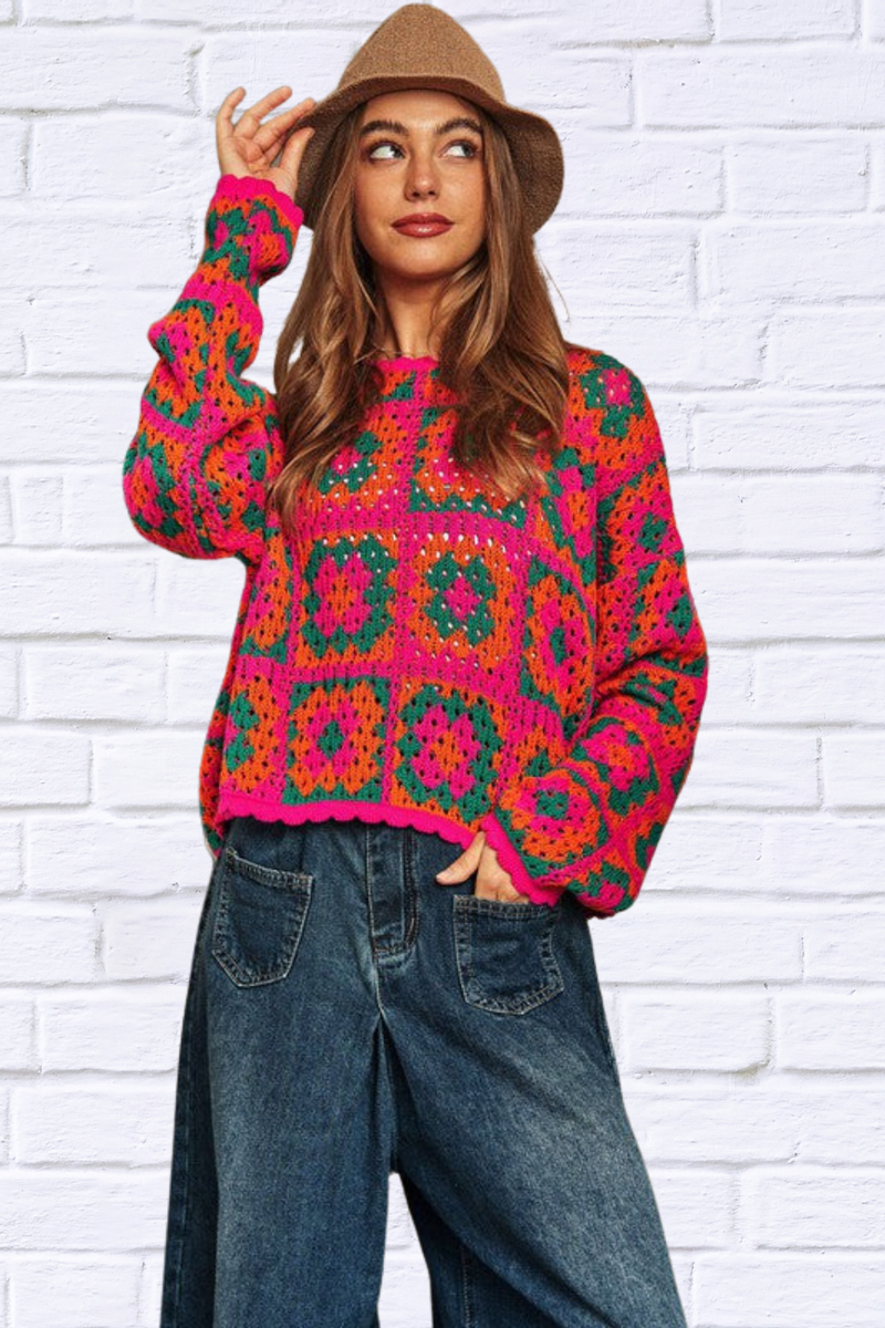 Crochet Patchwork Round Neck Pullover Sweater Top