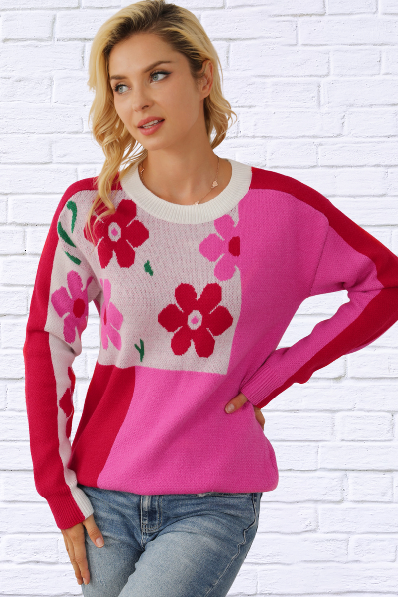 Flower Color Block Round Neck Sweater