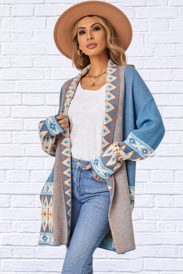 Geometric Open Front Long Sleeve Cardigan