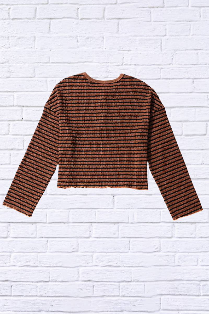 Caramel Striped Half Button Long Sleeve Blouse