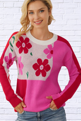 Flower Color Block Round Neck Sweater