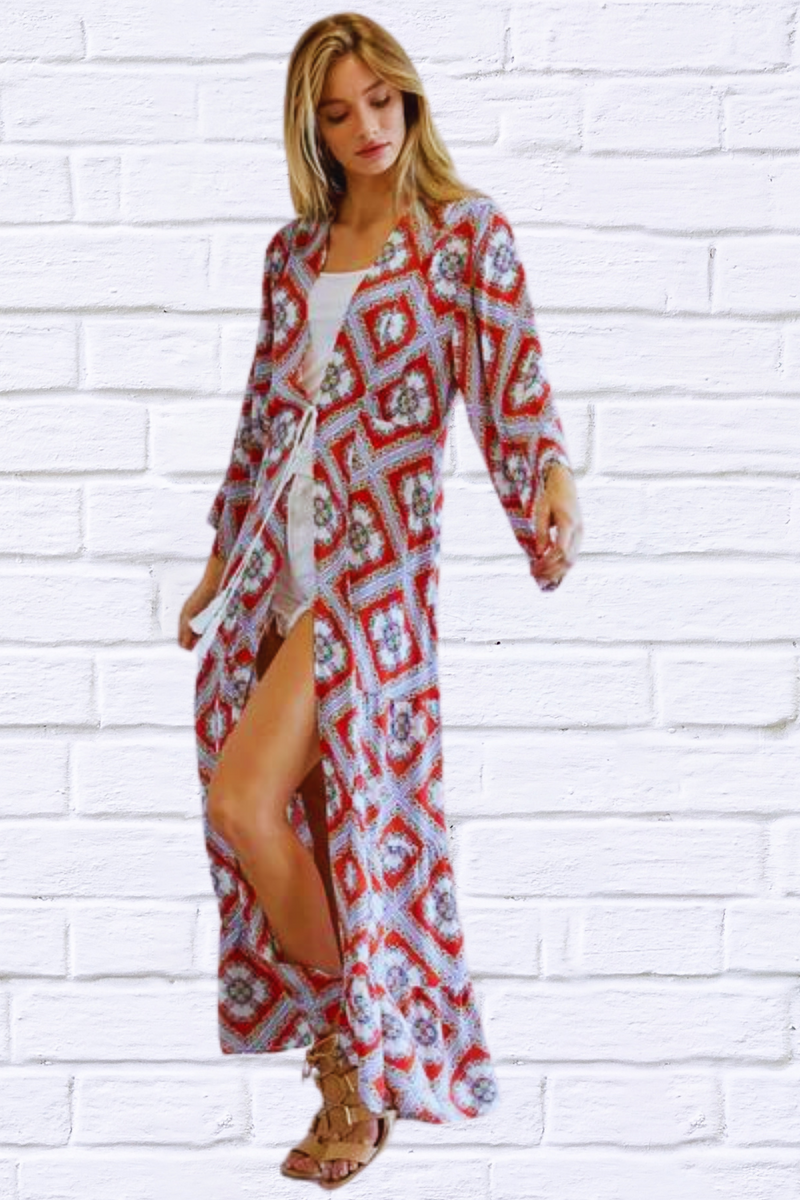 Printed Long Sleeve Loose Kimono