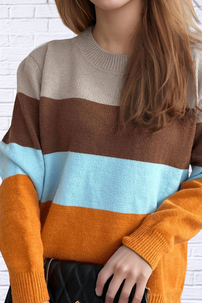 Ruby Color Block Stripe Round Neck Long Sleeve Sweater