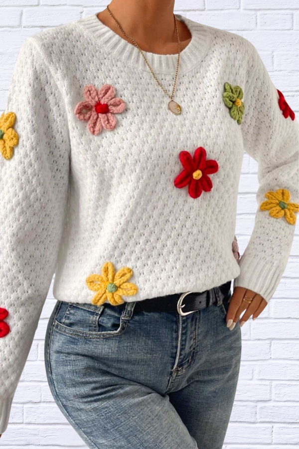 Crochet Flower Round Neck Long Sleeve Sweater