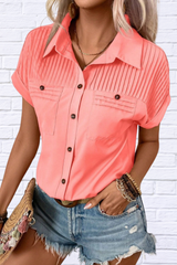 Pleated Detail Collared Neck Short Sleeve Shirt – Classic Elegance with a Modern Twist