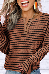 Caramel Striped Half Button Long Sleeve Blouse