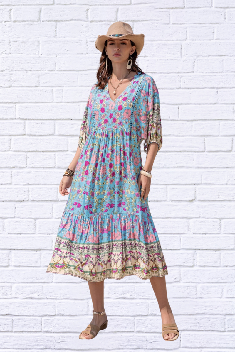 Printed Puff Sleeve Ruched Midi Dress