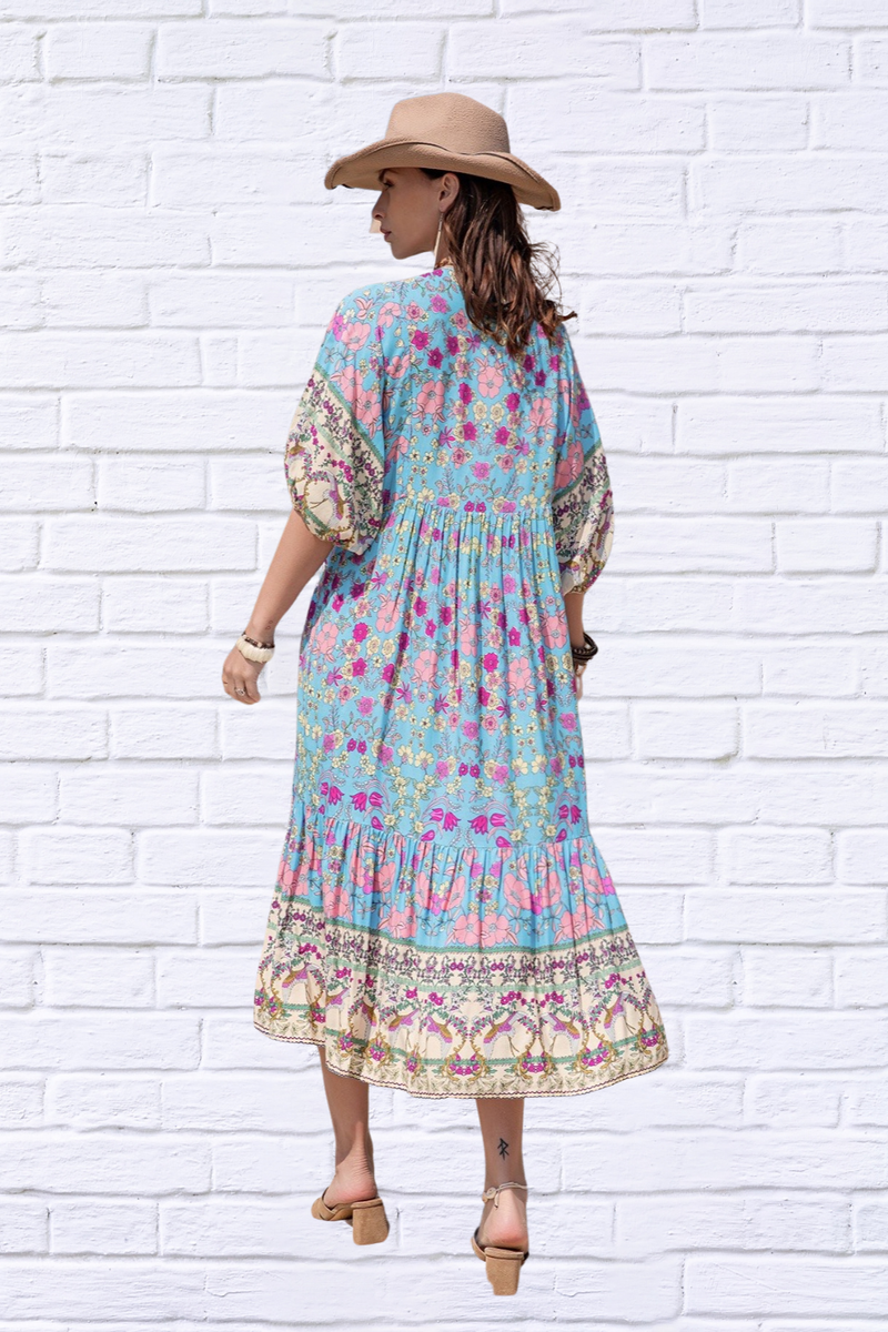 Printed Puff Sleeve Ruched Midi Dress