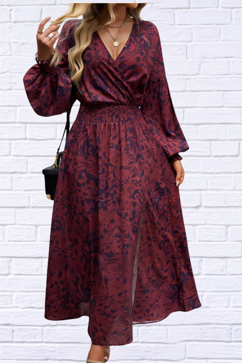 Split Printed Surplice Long Sleeve Midi Dress