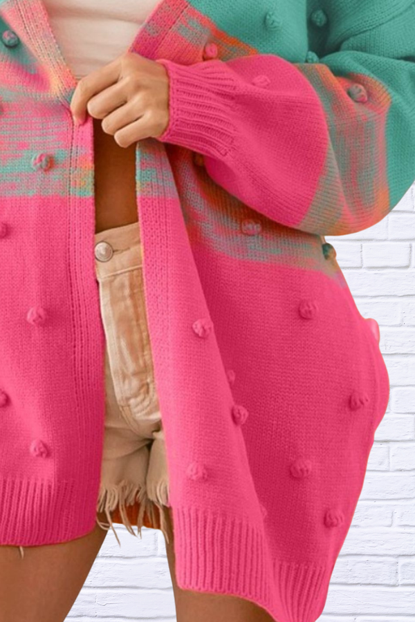 Color Block Ponpon Sweater Cardigan