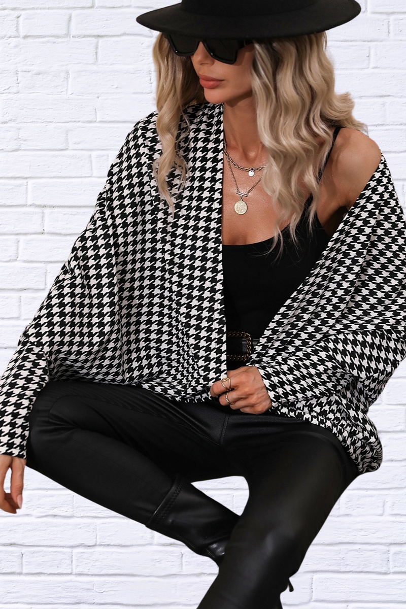 Houndstooth Open Front Batwing Sleeve Cardigan