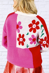 Flower Color Block Round Neck Sweater