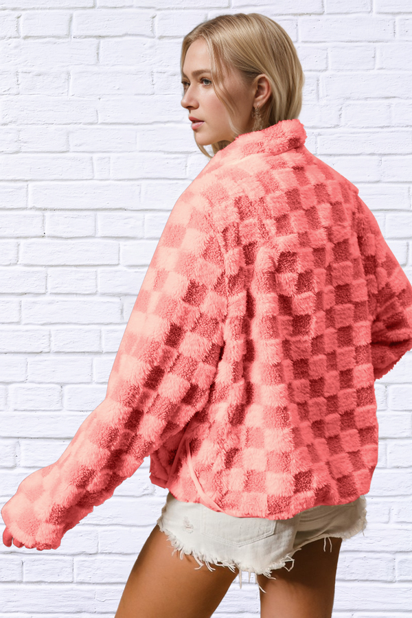 Double Take Checkered Long Sleeve Fuzzy Jacket