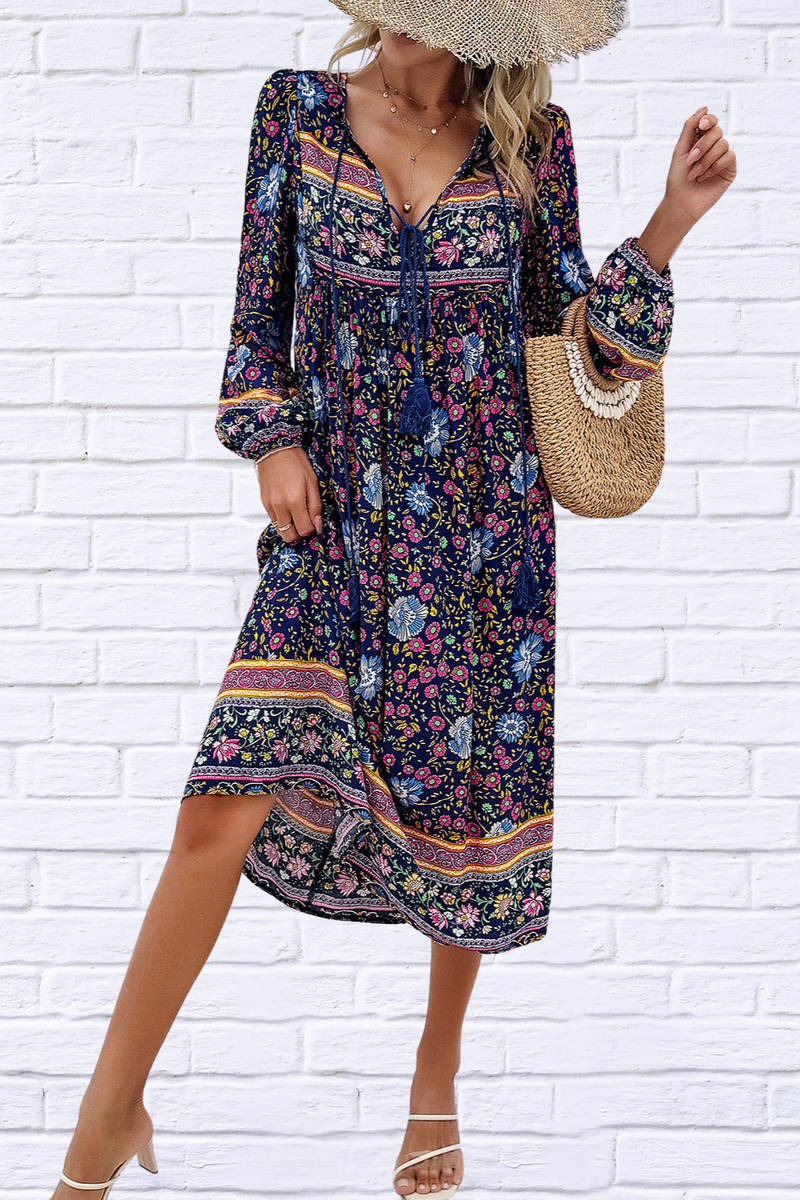 Devine Tassel Tied Printed Long Sleeve Dress