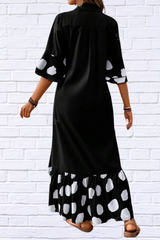 Black Solid with Contrast White Polka Dot Frill and Cuff Dress