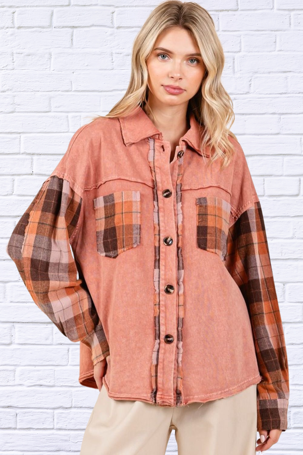 Button Down Terracotta Contrast Plaid Patchwork Shacket