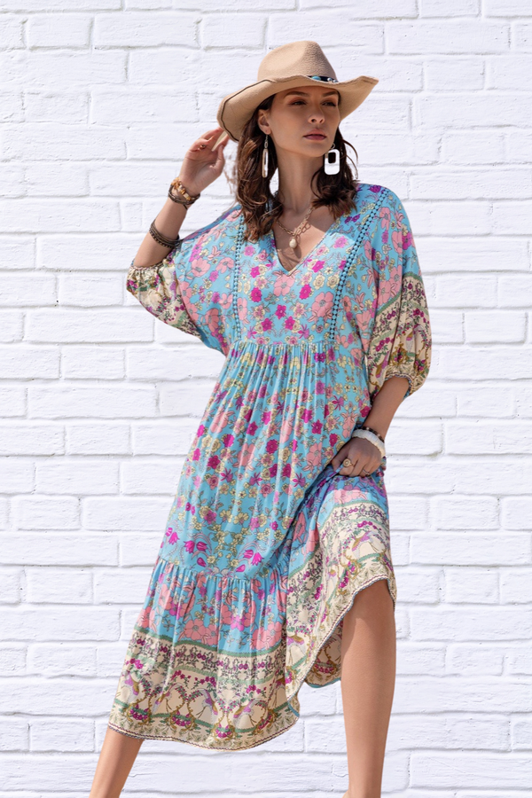 Printed Puff Sleeve Ruched Midi Dress