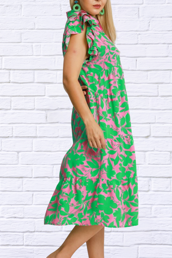 Full Size Floral Green and Pink Collared Ruffle Cap Sleeve Midi Dress Plus Size