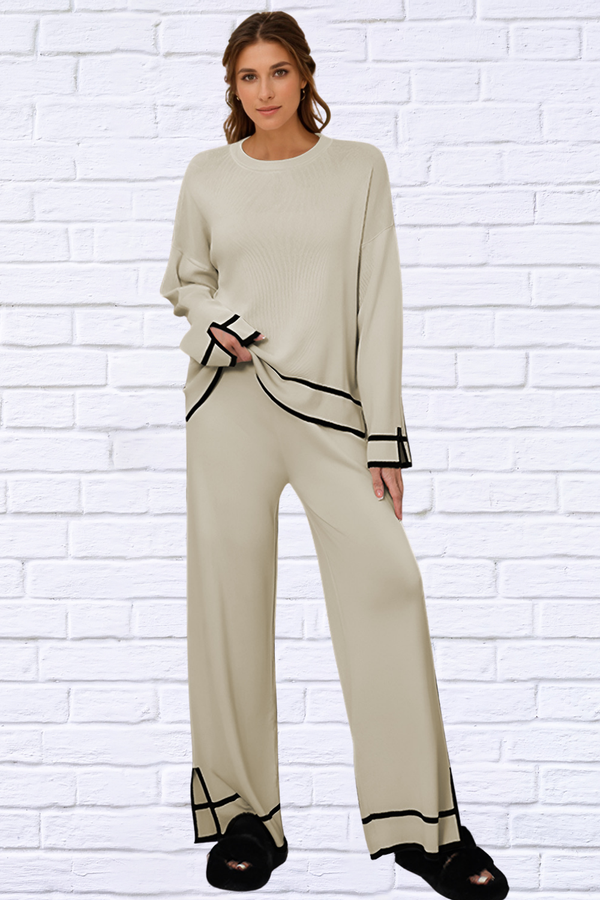 High-Low Round Neck Top and Pants Sweater Set