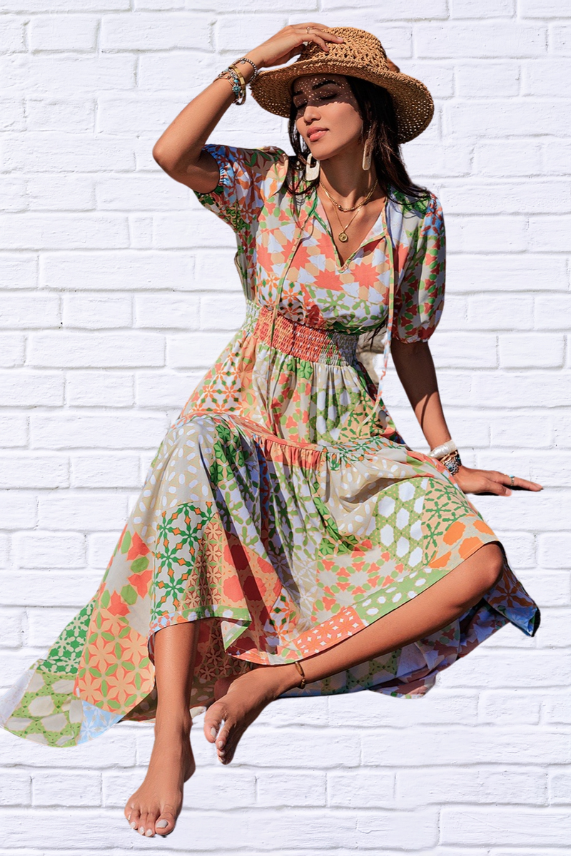 Smocked Printed V-Neck Short Sleeve Maxi Dress