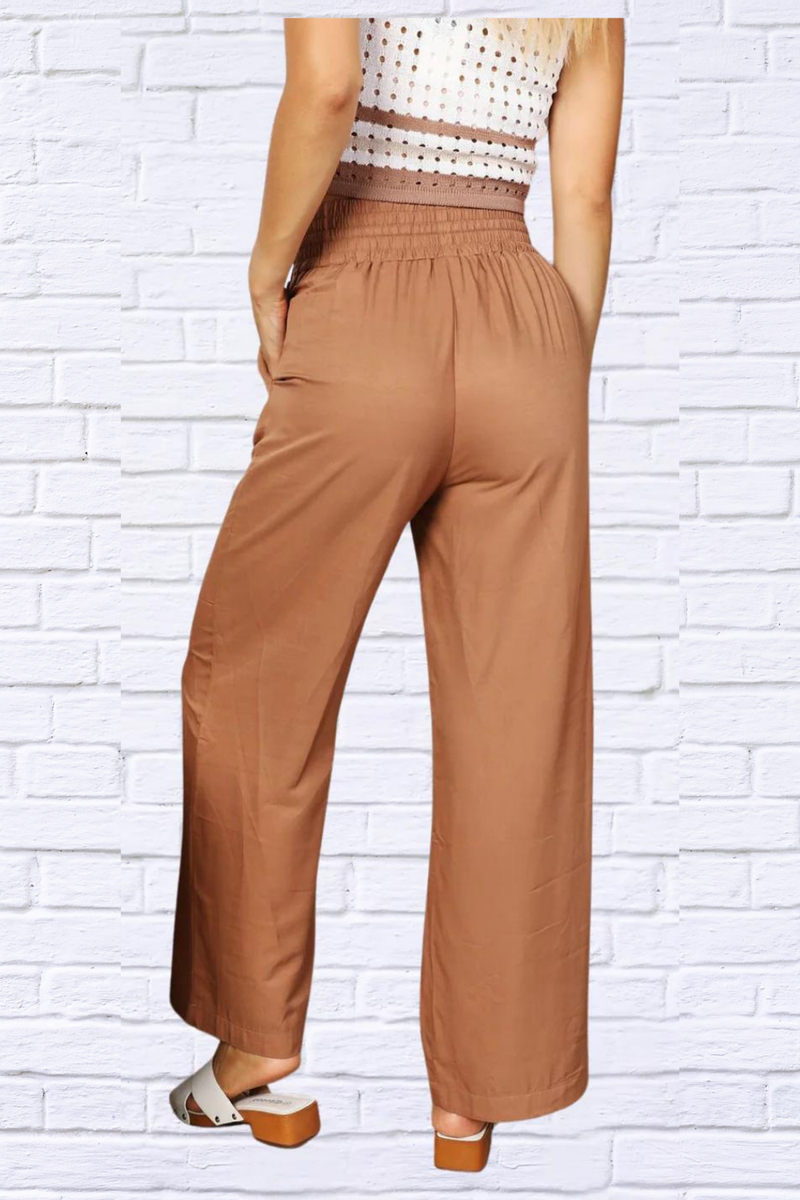 Double Take Drawstring Smocked Waist Wide Leg Pants