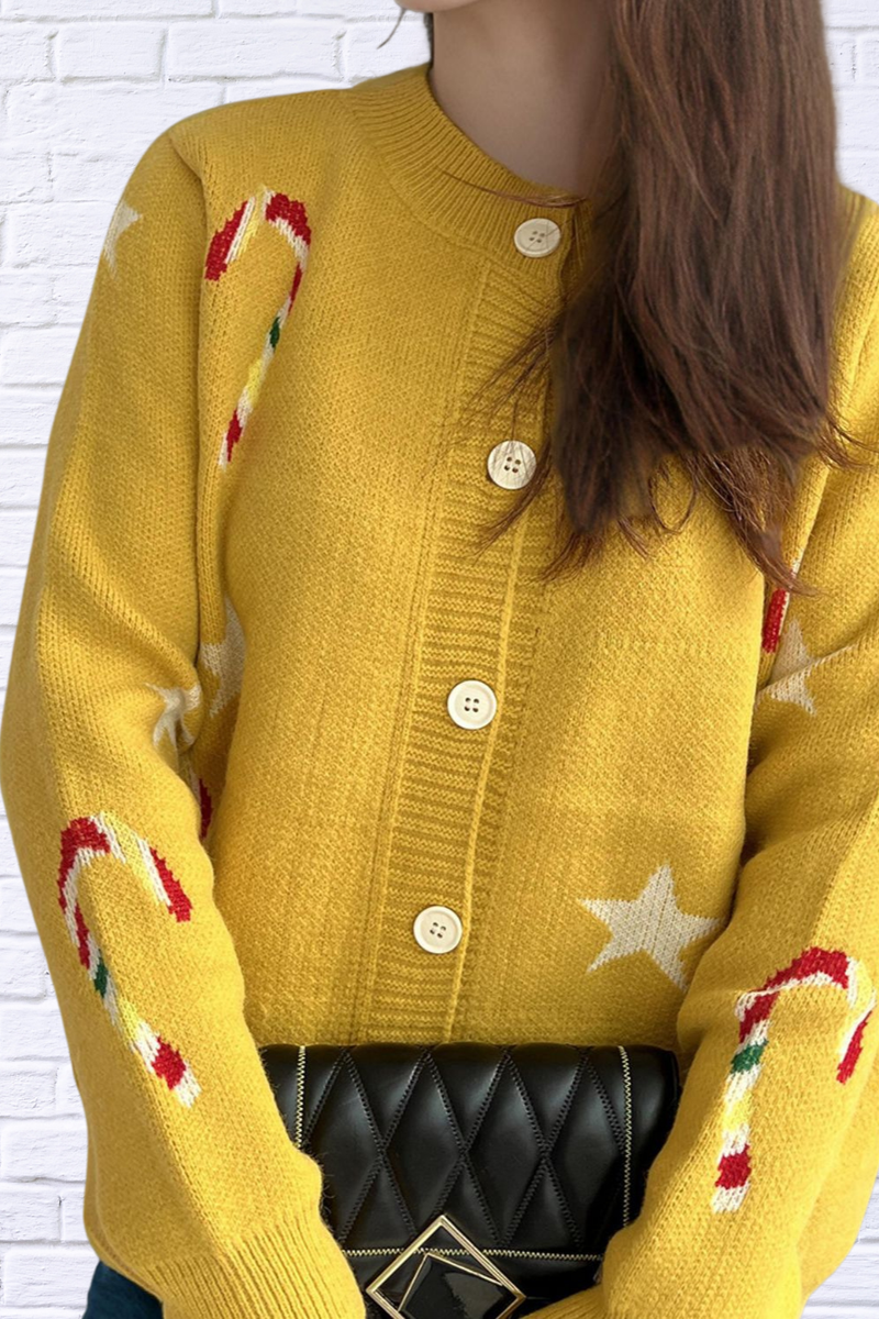 Candy Cane & Star Button Down Long Sleeve Cardigan