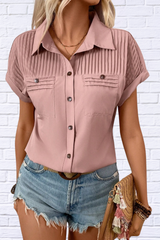 Pleated Detail Collared Neck Short Sleeve Shirt – Classic Elegance with a Modern Twist