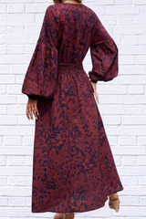 Split Printed Surplice Long Sleeve Midi Dress