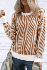 Herring Bone Round Neck Long Sleeve Sweater