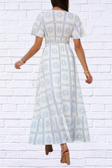 Smocked Printed V-Neck Short Sleeve Maxi Dress