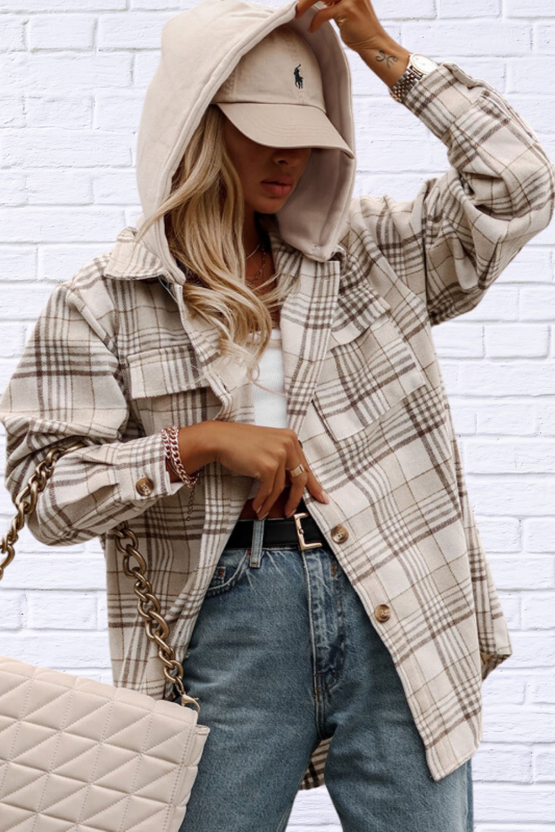 Plaid Removable Hood Button Up Shacket