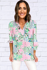 Green Floral Print V Neck Tied Loose Blouse