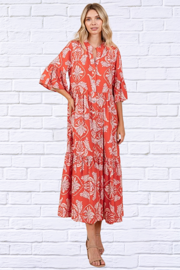 Abstract Orange-Red Leaf Print Tiered Ruffle Dress