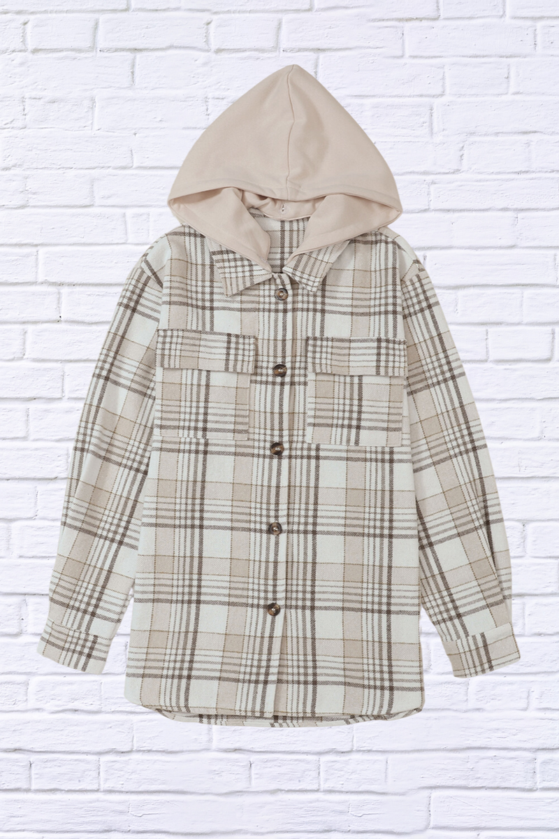 Plaid Removable Hood Button Up Shacket