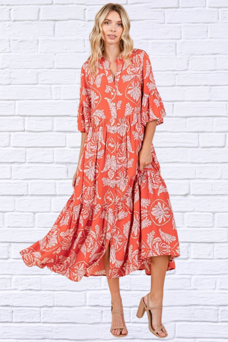 Abstract Orange-Red Leaf Print Tiered Ruffle Dress