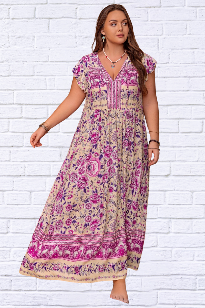 Plus Size Printed V-Neck Cap Sleeve Maxi Dress