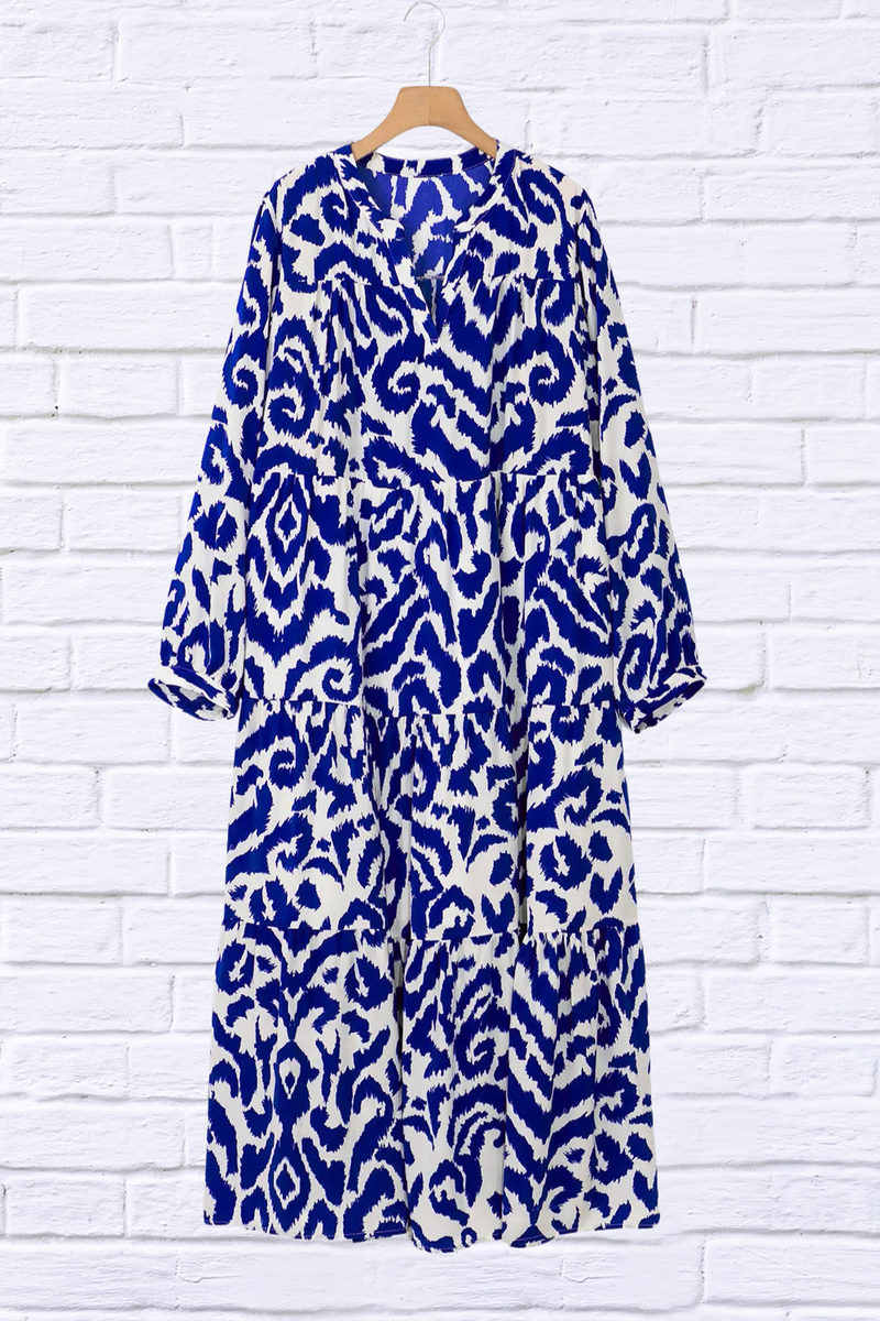 Tiered Printed Notched Long Sleeve Midi Dress