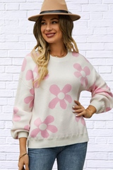 Angel Wings Floral Print Round Neck Dropped Shoulder Pullover Sweater