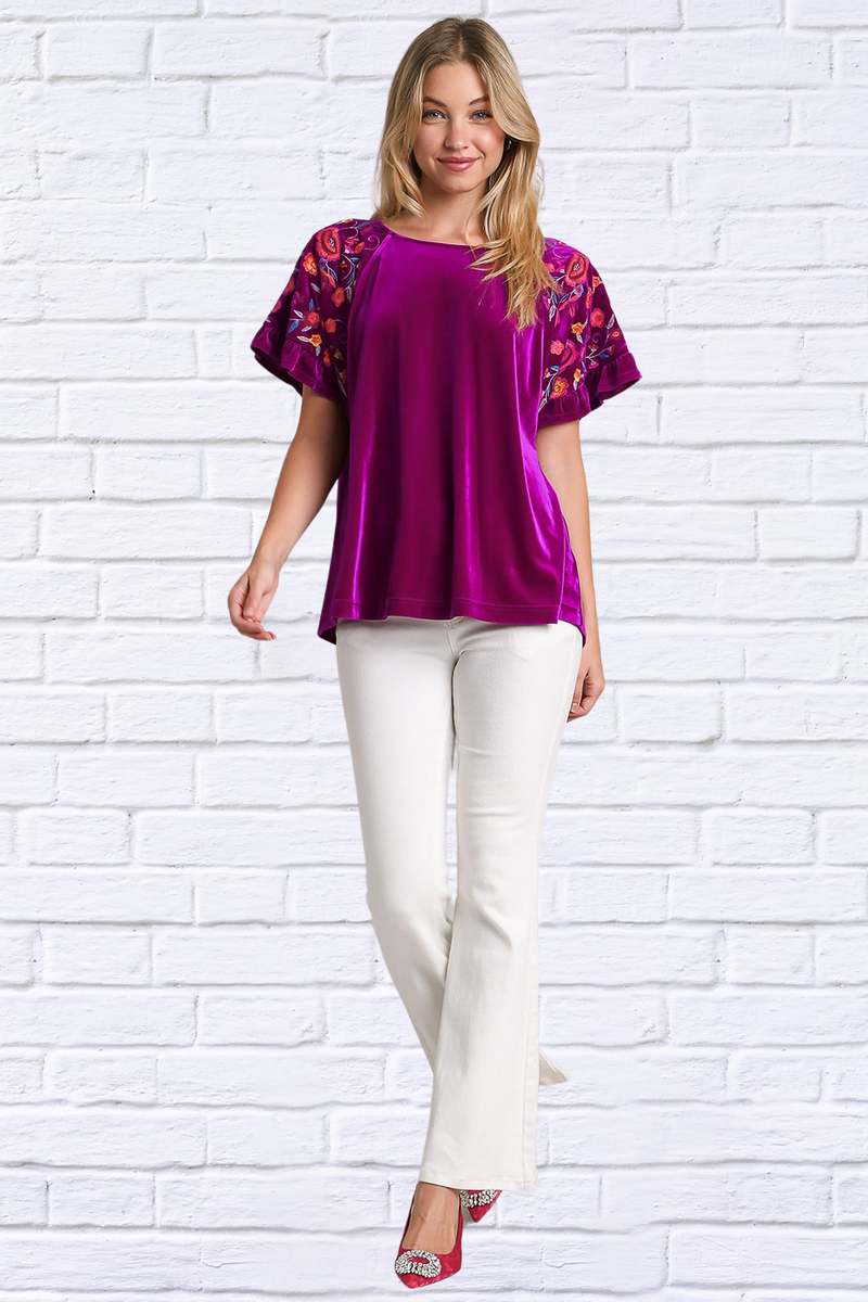 Full Size Velvet Embroidery Short Sleeve Blouse