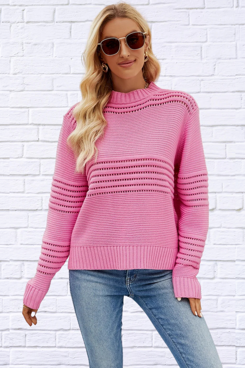 Round Neck Openwork Long Sleeve Pullover Sweater