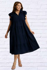 Umgee Full Size Johnny Collar Ruffle Cap Sleeve Tiered Dress Plus Size