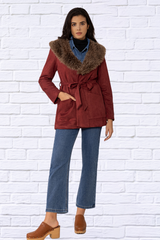 Fuzzy Collared Neck Tie Waist Jacket